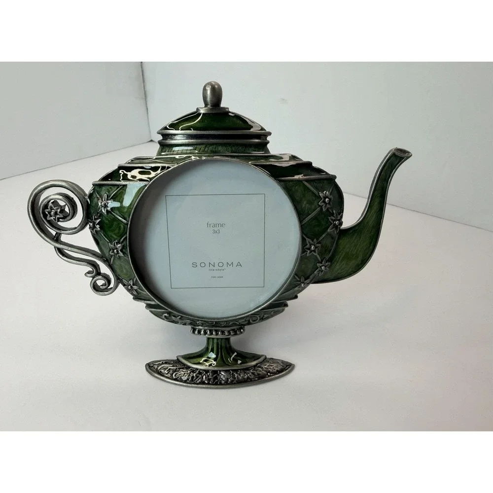 Decorative‎ Frame Teapot Genie Lamp Silver Tone Green Accent 3x3